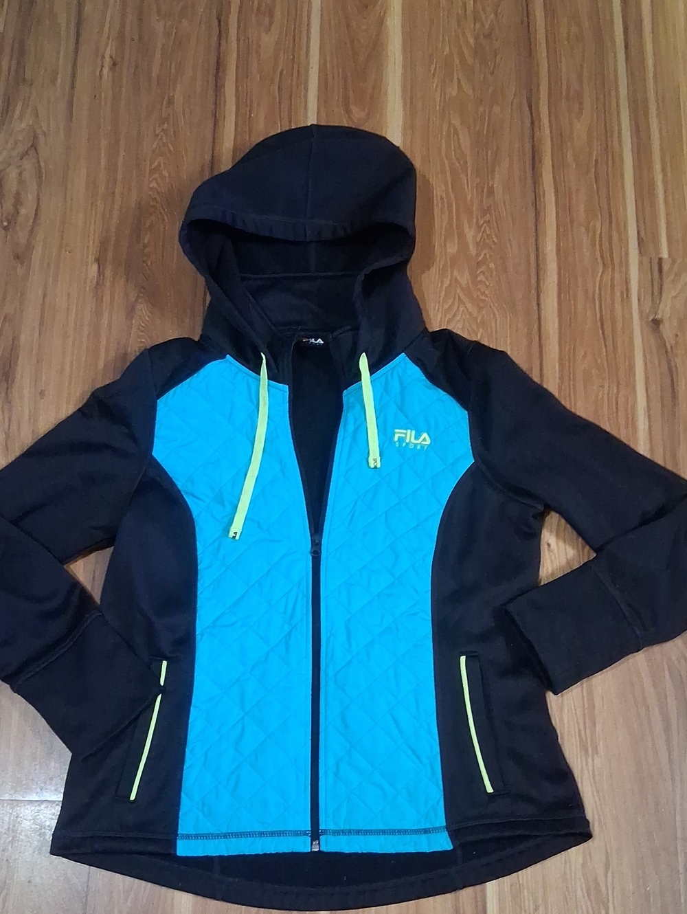 Fila Black and Bright Turquoise Hooded Quilted Jacket with Neon Yellow Accents